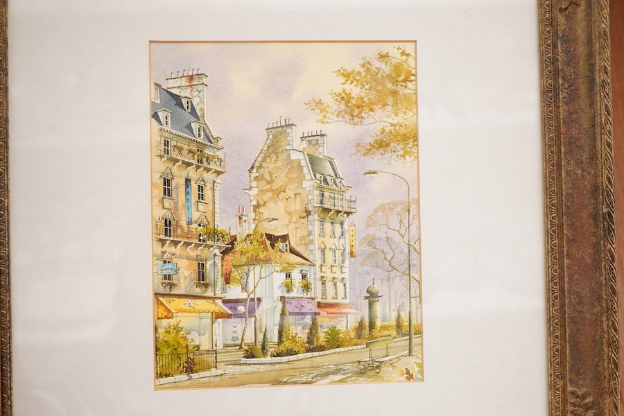 Andrew Findley (contemporary), Street scenes, one signed, each with National Fine Arts labels verso, pair of watercolours, 21 x 17cm